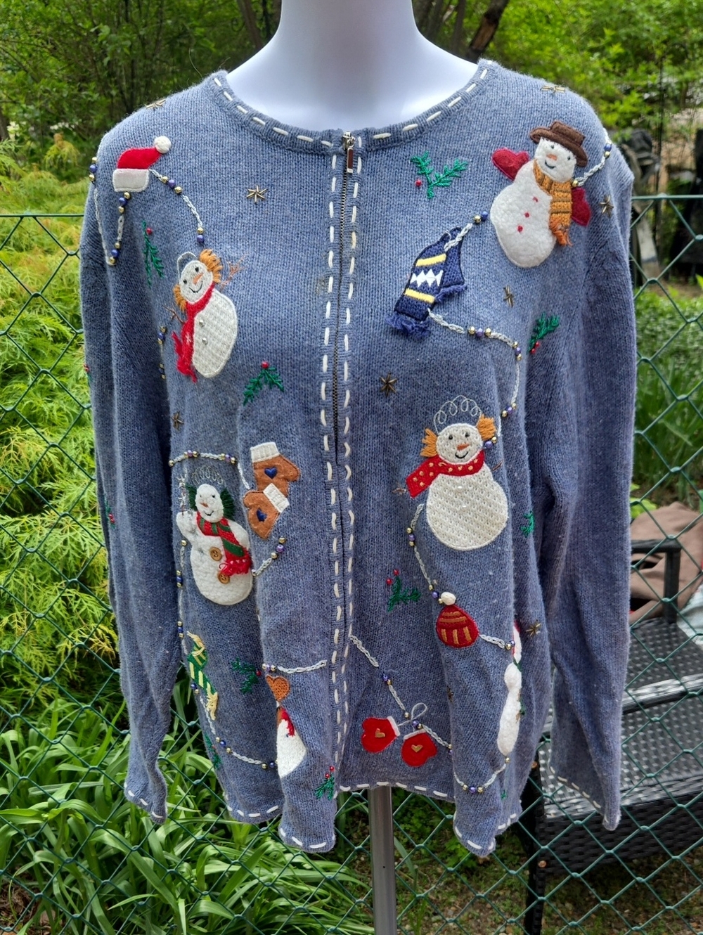 Gray/Blue Holiday Snowman Embroidered Women's Sweater THE ORIGINAL UGLY SWEATERS